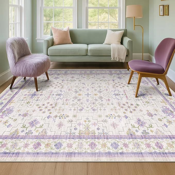 Hazo Haus Purple Rugs for Girls Bedroom, Non Slip Machine Washable 4x6 Floral Area Rug for Nursery Kids Room, Living Room, Low Pile Lavender Girly Dorm Pastel Décor