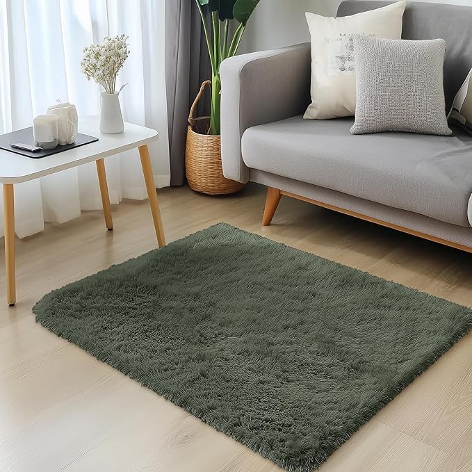 OLANLY 2x3 Machine Washable Small Bedside Rug, Soft Fluffy Shaggy Entryway Throw Rugs for Bedroom, Living Room, Indoor Floor Carpet for Kids Girls and Boys, Home Decor Aesthetic, Olive Green