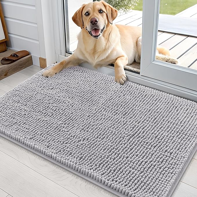 OLANLY Dog Door Mat for Muddy Paws 35x24, Absorbs Moisture and Dirt, Absorbent Non-Slip Washable Doormat, Quick Dry Chenille Mud Mat for Dogs, Entry Indoor Entryway Carpet for Inside Floor, Light Grey
