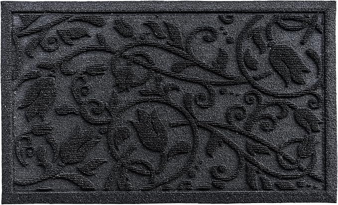 Boho Black Floral Leaves Outdoor Indoor Entrance Doormats, Absorbent Durable Heavy Duty Welcome Front Door Mat,Thick Natural Rubber Back,Easy Clean Entryway Mat 17x30 Inch, Low Profile