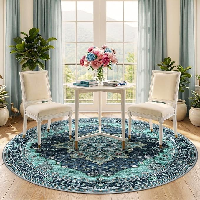 RELEANY Area Rugs 5ft Washable Non-Slip, Floral Vintage Distress Print Pattern Medallion Carpet for Living Room Bedroom Dining Room, Teal Green Lake Blue Turquoise