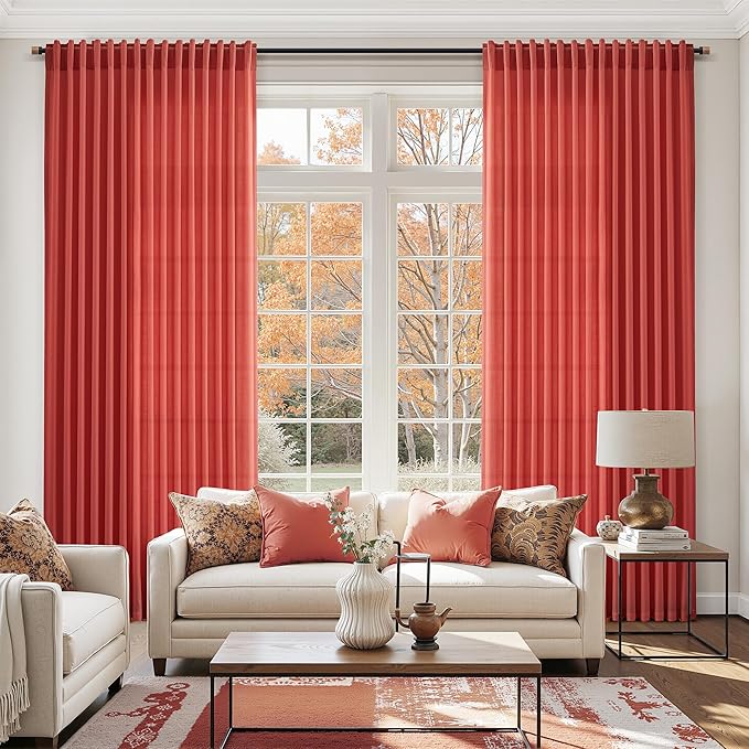 Christmas Red Linen Curtains 63 Inch Length for Living Room Light Filtering Semi Sheer Curtain Back Tab and Rod Pocket Vintage Rustic Luxury Home Decor Neutral Drapes for Bedroom 52x63, 2 Panels