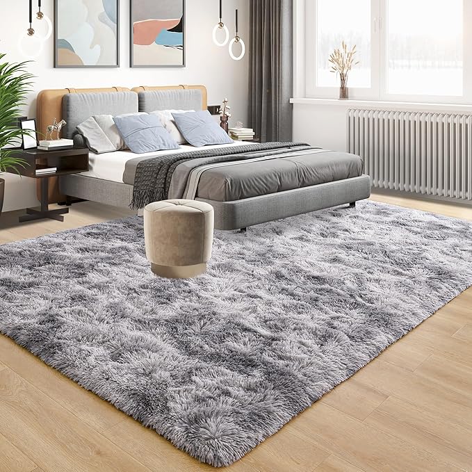 Tepook Soft Fluffy Rugs for Bedroom, 4x6 Area Rug for Living Room, Modern Shaggy Room Rug for Kids Boys Girls, Plush Throw Rugs Indoor Nursery Home Decor Rug with Non-Slip Bottom, Tie-dye Light Grey