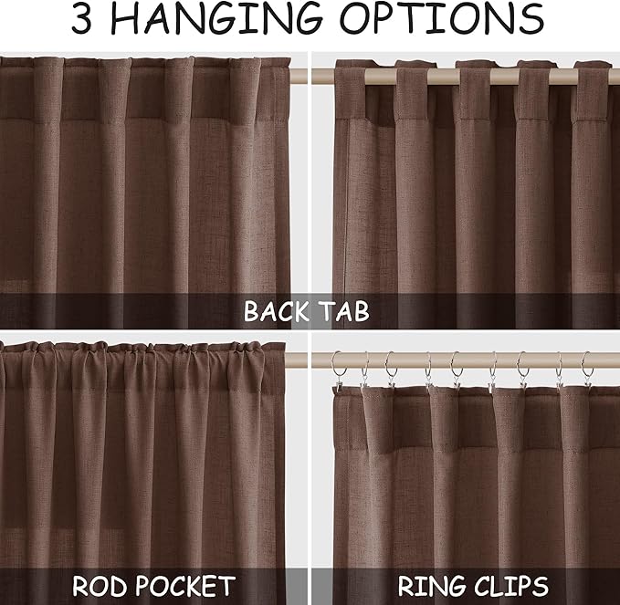 Mocha Mousse Curtains 84 Inch Length 2 Panels Set Back Tab Rod Pocke tLinen Blend Light Filtering Semi Sheer Textured for Neutral Farmhouse Living Room and Bedroom Decor 52x84