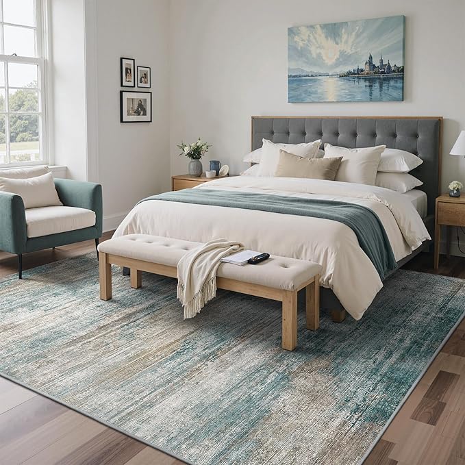 BEIMO Area Rugs 6x9 for Living Room Bedroom, Modern Abstract Machine Washable Rug, Large Soft Low Pile Floor Carpet with Non Slip Backing for Dining Room, Teal/Grey