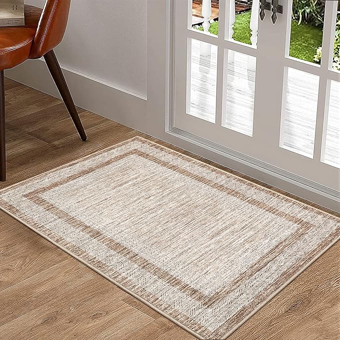 GarveeHome Modern Geometric Area Rug 2x3 Distressed Bordered Washable Non Slip Floor Small Carpet Non Shedding Thin Soft Low Pile Rug, Contemporary Brown Rug for Dining Room, Living Room