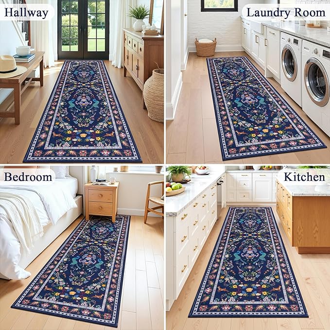 HEBE Washable Hallway Runner Rug 2'x 8' Non Slip Kitchen Rugs Runner,Low Pile Entryway Rug Laundry Room Mat Floral Carpet Runners for Hallways, Kitchen,Bathroom,Laundry,Bedside Rug