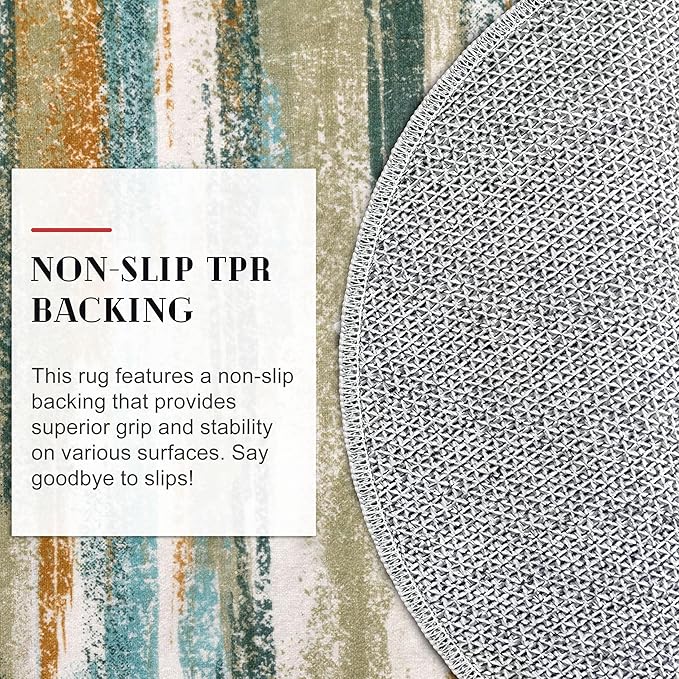 Lansny Modern Abstract Round Rug 3Ft, Green Mustard Multi Round Rug Washable Non-Slip Soft Small Circle Rug, Circular Entryway Rug Thin Print Faux Wool Carpet for Bedroom Living Room Office