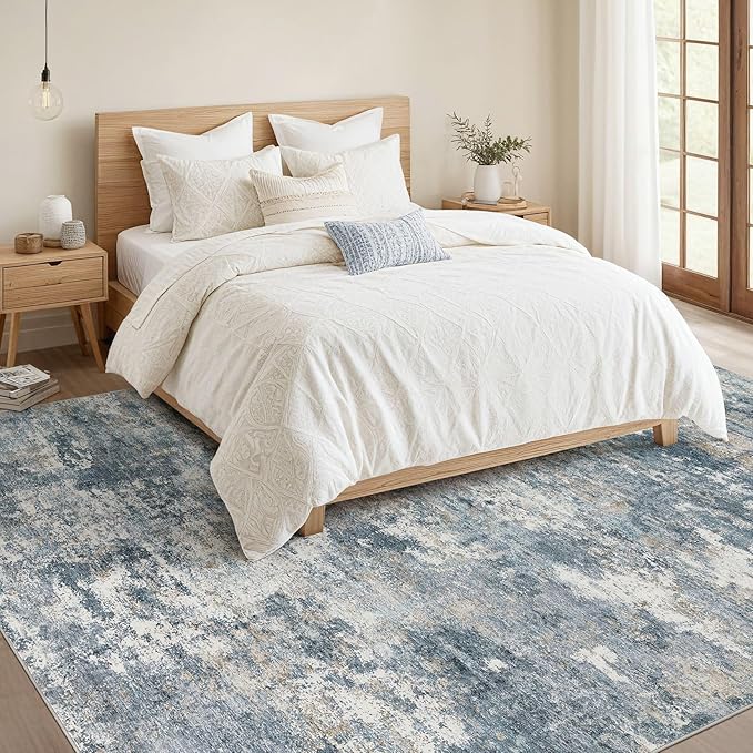 Nakagishi 10x12 Area Rugs Living Room: Washable Abstract Large Neutral Soft Rug Stain Resistant Modern Indoor Floor Non-Slip Carpet for Bedroom Nursery Kids Playroom Office Dining Room Dorm-Blue Brown