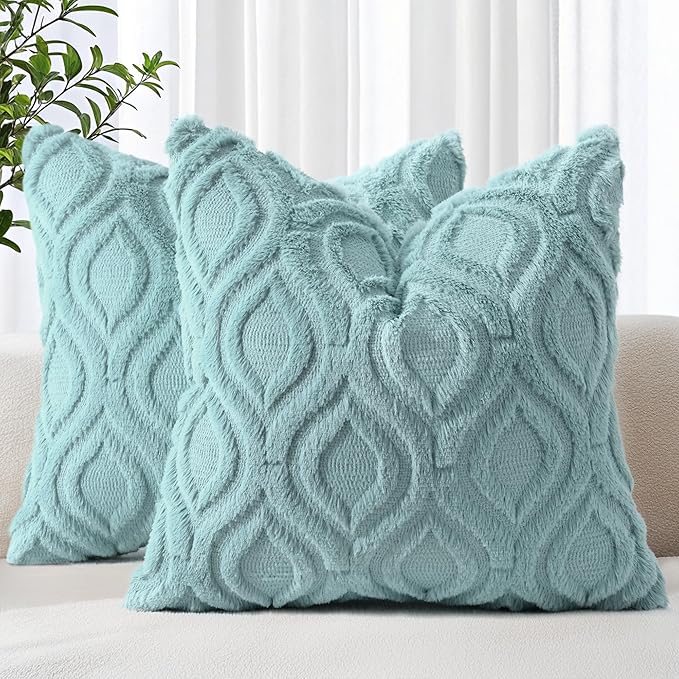 decorUhome Summer Throw Pillow Covers 22x22 Inch Set of 2, Soft Plush Faux Wool Aqua Solid Couch Pillow Covers, Accent Euro Sham Farmhouse Neutral Square Pillow Cases for Sofa Bed Living Room
