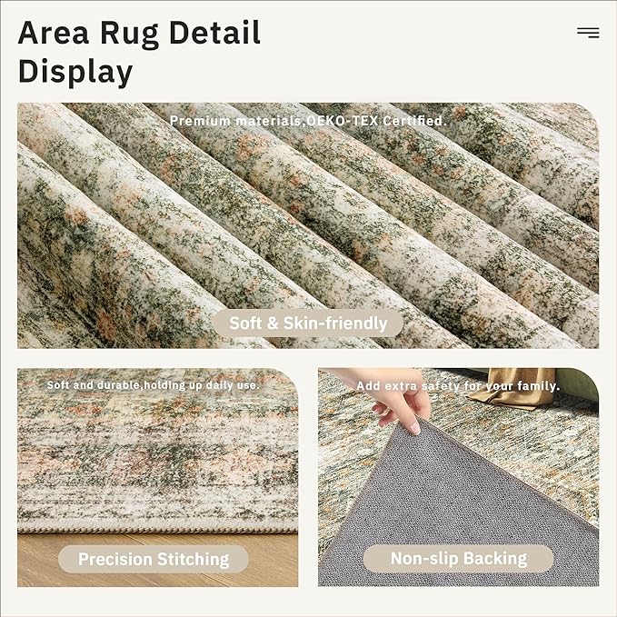 5x7 Area Rugs Green Orange Low Pile Indoor Washable Trendy Faded Style Rugs for Bedroom Living Room Dining Room Foldable Non-Slip Thin Print Mat