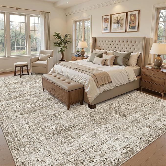 Area Rug 10x12 Vintage Washable Living Room Large Carpet Non Slip Bedroom Indoor Office Dining Room Low Pile Thin Rug Brown