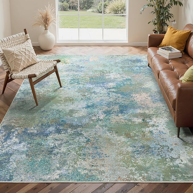 Area Rugs 6x9 for Living Room Bedroom, Modern Abstract Machine Washable Rug, Large Soft Low Pile Floor Carpet with Non Slip Backing for Dining Room, Blue Green