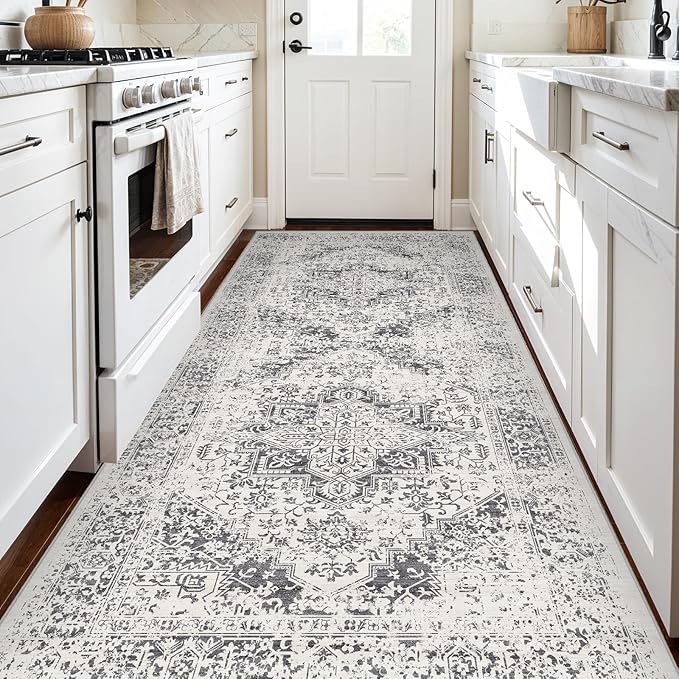 4x8 Washable Hallway Runner Rug - Wide Kitchen Runners Vintage Low Pile Carpet Soft Thin Floor Runner with Rubber Backing for Entryway Bedroom Living Room Home Decor (Distessed Grey)
