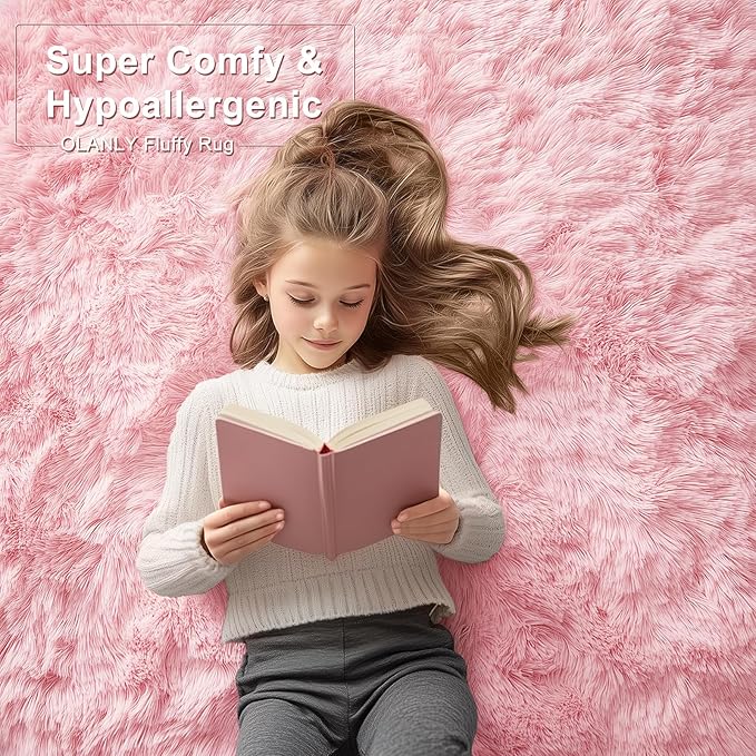 OLANLY 5x8 Machine Washable Large Area Rugs for Living Room, Bedroom, Soft Fluffy Shaggy Bedside Rug, Indoor Floor Carpet for Kids Girls and Boys, Dorms, Nursery, Home Decor Aesthetic, Pink