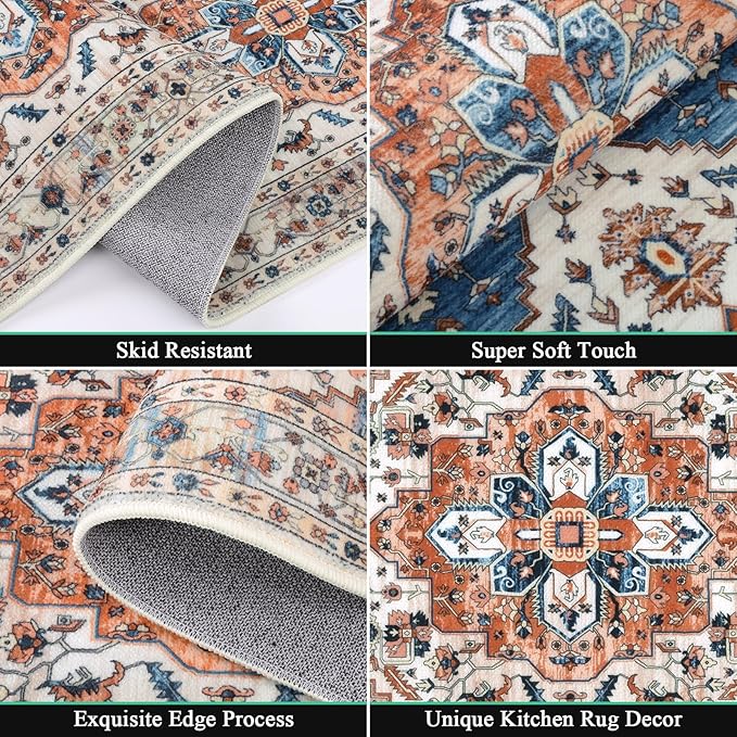 HEBE Boho Kitchen Rug Sets 3 Piece with Runner Non Slip Kitchen Rugs and Mats Washable Kitchen Mats for Floor Thick Kitchen Floor Mat Carpet Runner Rugs for Hallway Laundry Holiday Decor