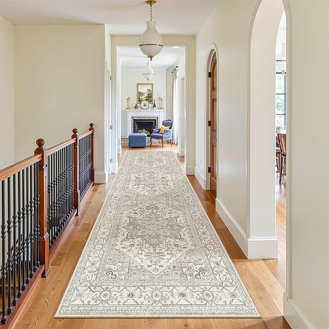 Madane 3x12 Hallway Runner Rug, Non Slip Washable 12ft Runner for Hallways Soft Vintage Kitchen Rugs Low-Pile Thin Floor Carpet Runner for Entryway Bathroom Bedroom, Beige/Brown