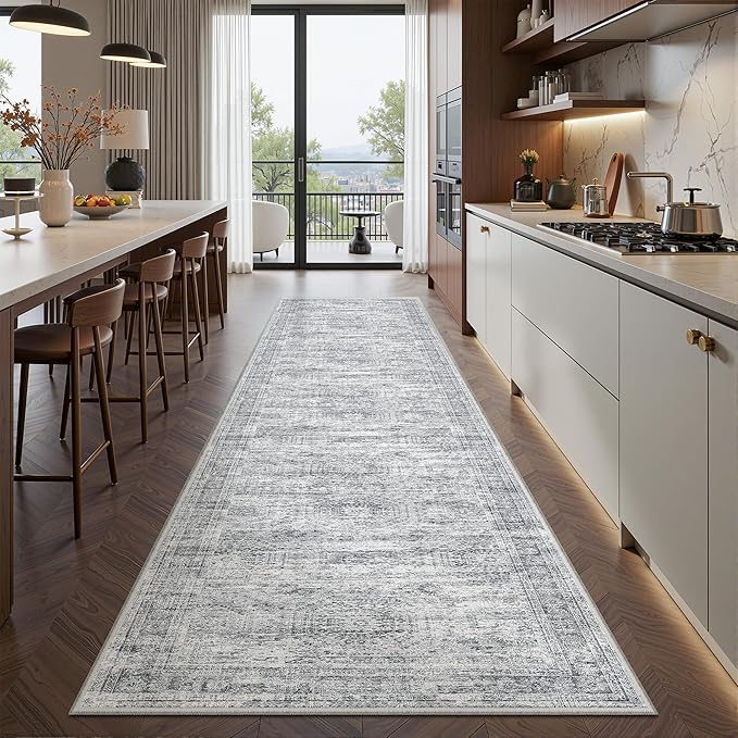 Long Bathroom Rugs Runner - Washable Runner Rugs for Hallway 2x10, Ultra-Thin Soft Kitchen Carpet Runner, Anti Slip Backing Runner Rugs for Entrance, Bedroom, Living Room(2'x10', Grey/Ivory)