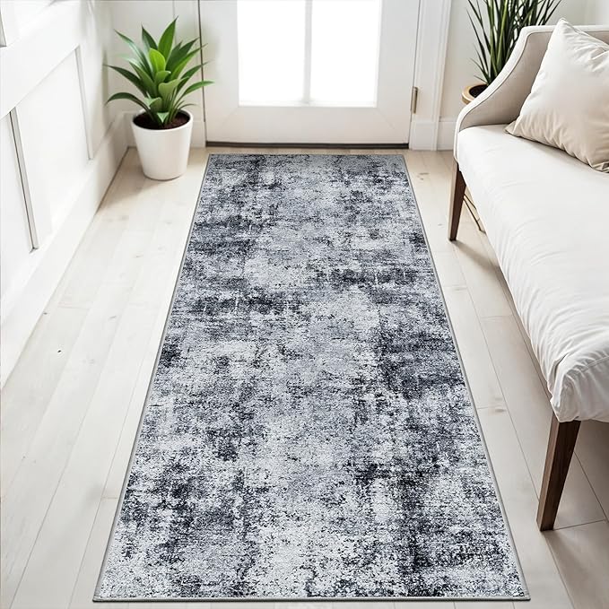 3x6 Washable Entryway Runner Rug: Non Slip Wide Hallway Runners Easy-to-Clean - Soft Living Room Bedroom Kitchen Carpet - Thin Low Pile Printed Floor Mat for Dining Room Black Grey