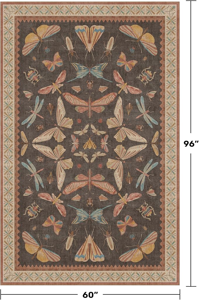 5x8 Brown Rugs for Living Room, Soft Boho Rugs for Bedroom, Non Slip Dining Room Carpet for Under Table, Vintage Farmhouse Home Décor, Low Pile Stain Resistant Mat