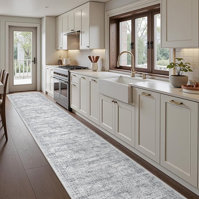 Washable Runner Rug 2.5x16, Non-Slip Long Hallway Runner for Entryway, Soft Vintage Kitchen Mats for Floor, Abstract Dining Room, Bedroom, Living Room Rugs(2.5'x16', Grey/Ivory)