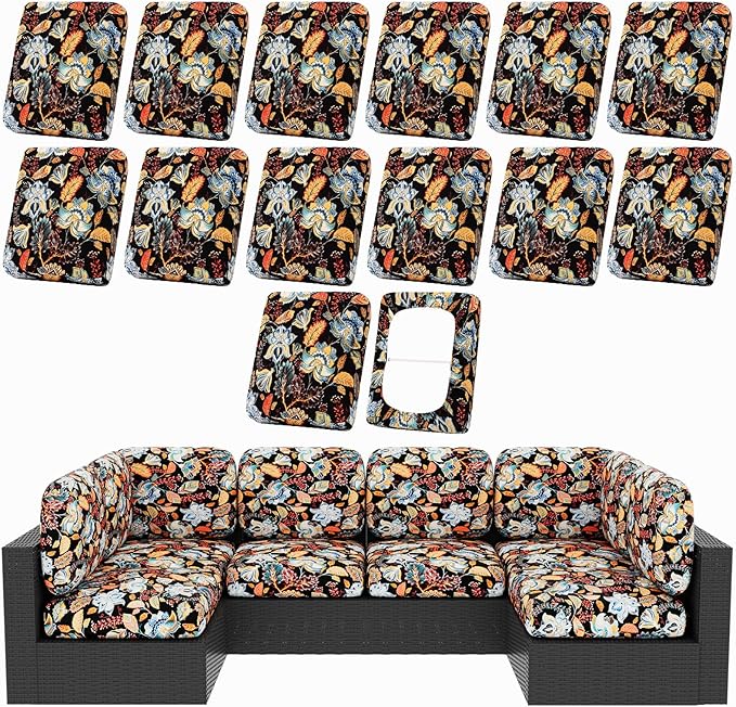hyha 14Pcs Patio Cushion Covers, Stretch Outdoor Couch Cushion Covers Replacement, Washable Outdoor Chair/Sofa Slipcovers for Patio Furniture Cushions Protector with Elastic Bottom(Floral,Cover Only)