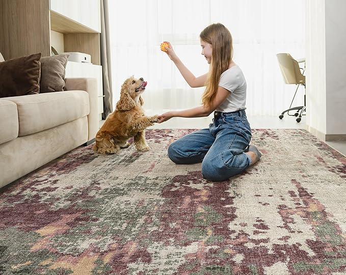UERMEI 9x12 Area Rug Living Room Rugs - Washable Neutral Modern Abstract Soft Thin Rug Indoor Floor No Slip Rug Carpet for Bedroom Under Dining Table Home Office Decor - Purple/Green/Beige