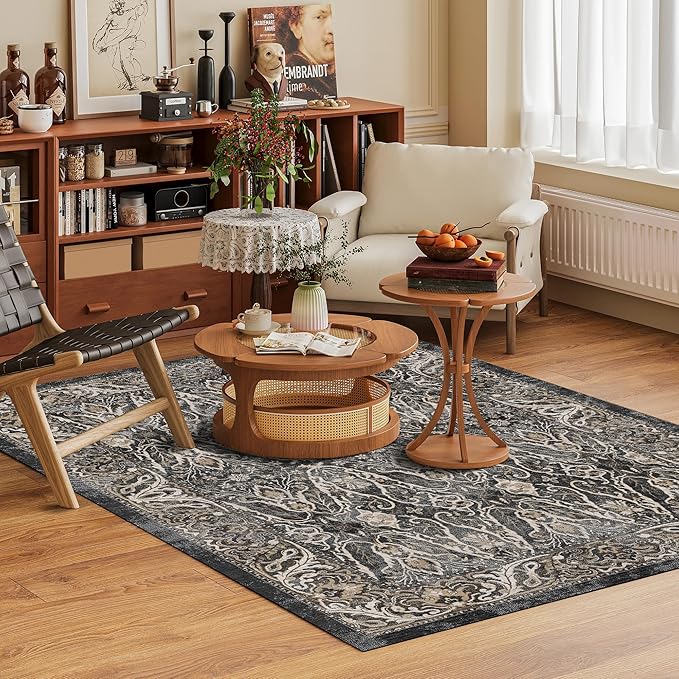 Washable Area Rug 4' x 6' Vintage Traditional Persian Mat - Foldable Distressed Non-Slip Machine Washable Carpet for Living Room Bedroom Kitchen Home Decor - Ebony and Taupe