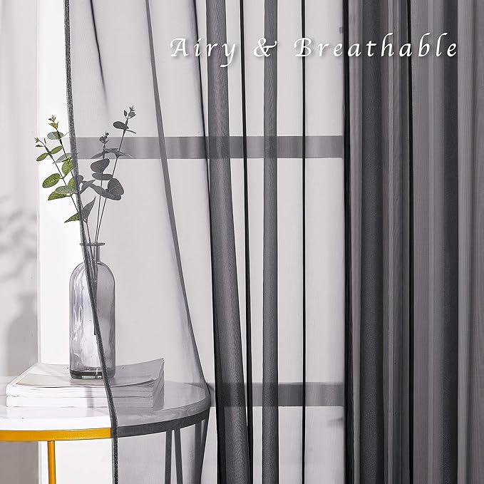 NICETOWN Black Sheer Curtains 90 inches Long, Grommet Voile Textured Hazy Sheer Window Treatments Privacy with Light Filtering for Halloween, W54 x L90, 2 Panels