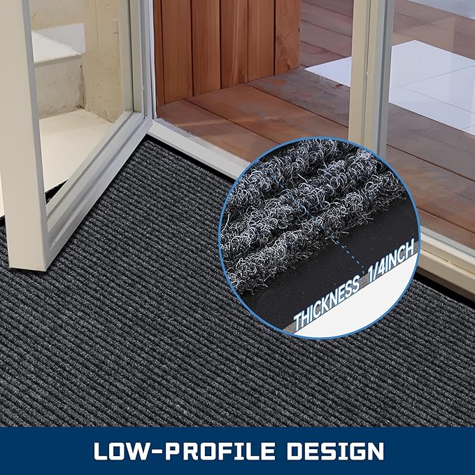 Large Indoor Outdoor Door Mat, 2' x 6' Heavy Duty Commercial Floor Mat Inside Outside Entrance, Rubber Border Doormats for Entryway, High Traffic Area, Waterproof, Low-Profile, Easy to Clean
