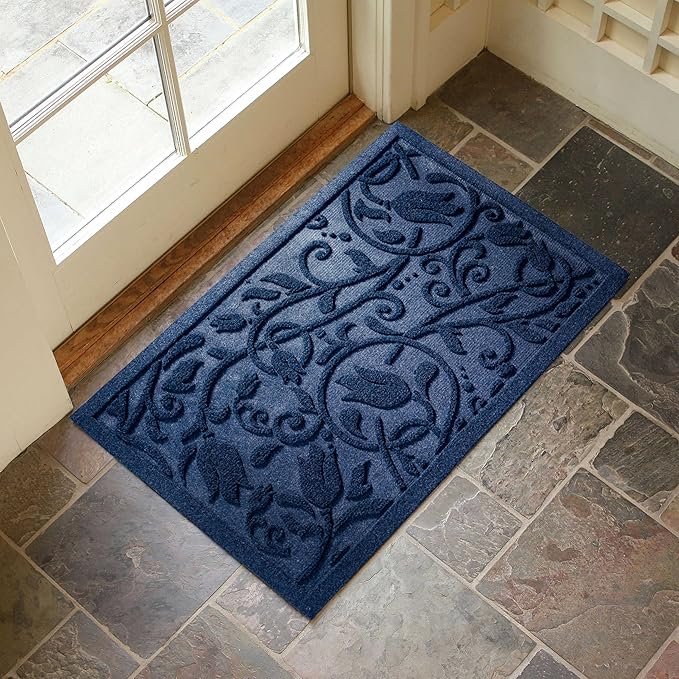 Boho Blue Floral Leaves Outdoor Indoor Entrance Doormats, Absorbent Durable Heavy Duty Welcome Front Door Mat,Thick Natural Rubber Back,Easy Clean Entryway Mat 17x30 Inch, Low Profile