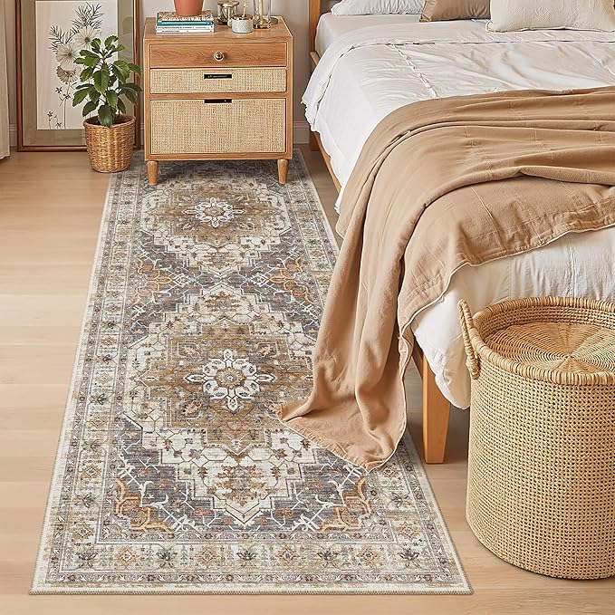Madane Hallway Runner 3x8, Kitchen Rugs Washable Entryway Rug Vintage Kitchen Runners Non Slip Indoor Area Rug Farmhouse Carpet Runner for Bathroom Living Room Bedroom (3 X 8, Turmeric/Grey)