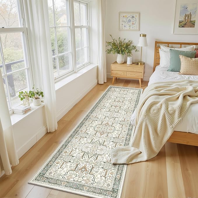 Washable 2x8 Runner Rug - Non Slip Vintage Kitchen Runner Rugs Low-Pile Distressed Long Rugs for Hallway Waterproof Indoor Carpet for Living Room Bedroom Entryway 2'x8' Green