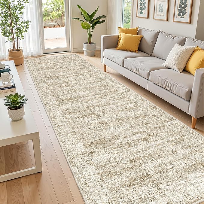 Kitchen Runner Rugs Non Skid Washable - 2.5 x 10 Runner Rug with Anti Slip Backing, Ultra-Thin Soft Rug Runner for Hallway, Bedroom, Living Room (2.5'x10', Brown/Ivory)