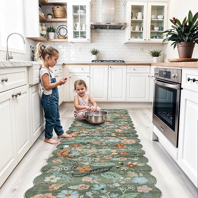 Washable 2x8 Hallway Runner Rug: Water-Resistant Kitchen Rug Soft Bedroom Carpet Non-Slip Indoor Hardwood Floor Mat for Entryway Bathroom Dining Room Boho Decorative Home Decor(2x8, Floral/Green)
