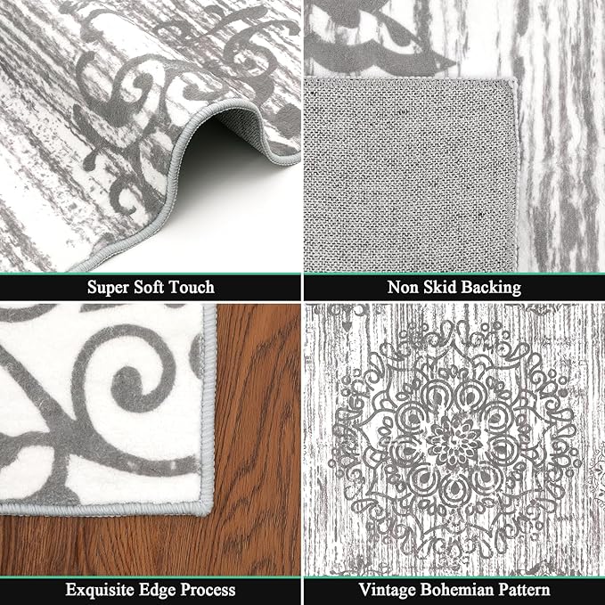 HEBE Washable Area Rug 5'x7' Non Slip Soft Distressed Medallion Bedroom & Living Room Accent Throw Vintage Entry Floor Carpet for Dining Room, Bathroom & Entryway