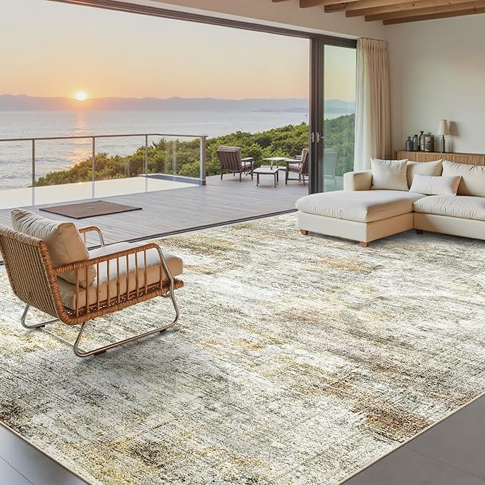 9x12 Area Rugs for Living Room, Non Slip Machine Washable Vintage Rugs, Low Pile Lightweight Large Rug for Bedroom, Dining Room, Home Office Gray Rust