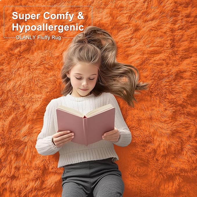 OLANLY 5x8 Machine Washable Large Area Rugs for Living Room, Bedroom, Soft Fluffy Shaggy Bedside Rug, Indoor Floor Carpet for Kids Girls and Boys, Dorms, Nursery, Home Decor Aesthetic, Orange