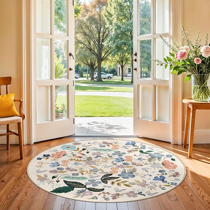 Washable Floral Round Rugs for Bedroom - 4x4 Feet Circle Area Rugs for Living Room Nursery Non-Slip Stain Resistant Ultra Soft Carpet for Teen Girls and Boys Dorms Home Decor Aesthetic(4ft,Cream)