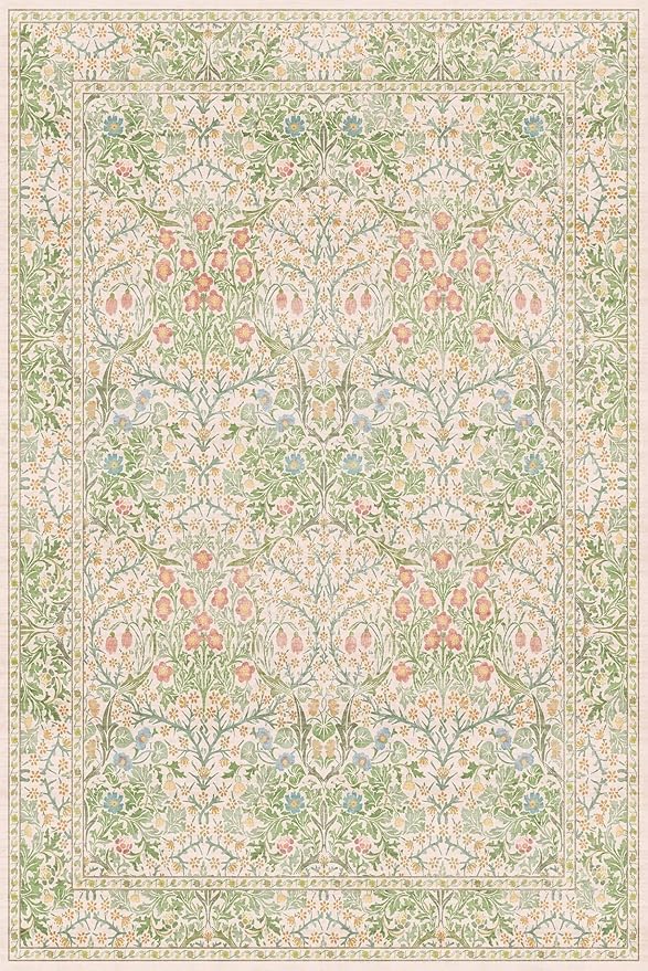 Beige Green 6x9 Washable Area Rugs for Dining Room, Nursery, Bedroom, Living Room, Kids Playroom, Ultra Soft Low Pile Non-Slip - Vintage Light Green Floral Indoor Carpet Stain Resistance