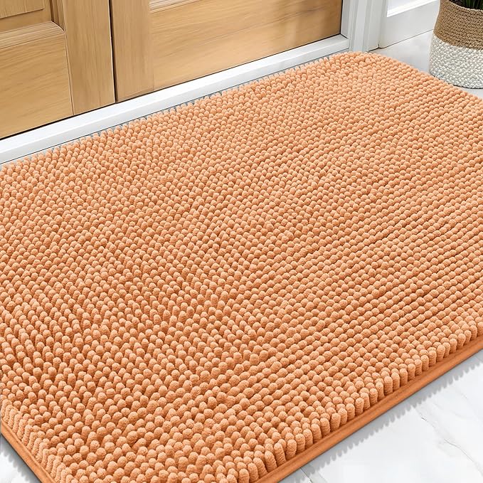 OLANLY Dog Door Mat for Muddy Paws 34x21, Absorbs Moisture and Dirt, Absorbent Non-Slip Washable Doormat, Quick Dry Chenille Mud Mat for Dogs, Entry Indoor Entryway Carpet for Inside Floor, Orange