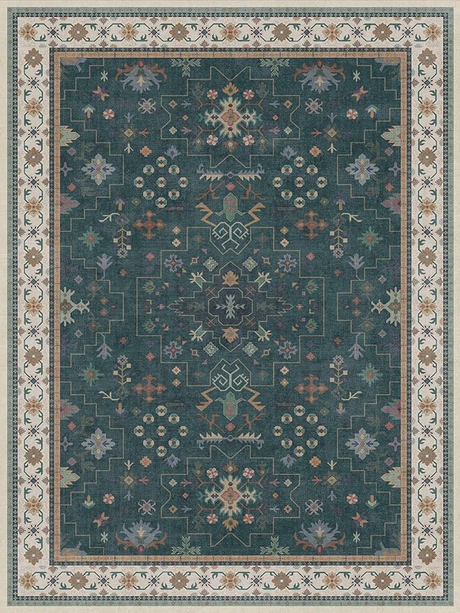 Hazo Haus Vintage Dark Green 6x8 Dining Room Rugs for Under Kitchen Table - Washable Livinig Room Rug - Unique Floral Pastel Low Pile Non-Slip Area Rugs for Bedroom