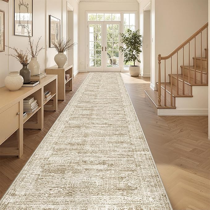 3x20 Washable Runner Rug for Hallway, Non-Slip Long Hallway Runner for Entryway, Soft Vintage Kitchen Mats for Floor, Abstract Dining Room, Bedroom, Living Room Rugs(3'x20', Brown/Ivory)