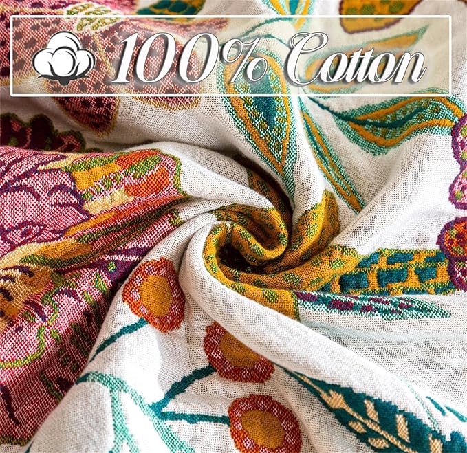 MSGKV Spring Throw Blanket for Couch, 100% Cotton Muslin Breathable Woven Bed Throws 60''x80'' Boho Vintage Quilt for All Seasons Lightweight Farmhouse Blankets Home Decoration