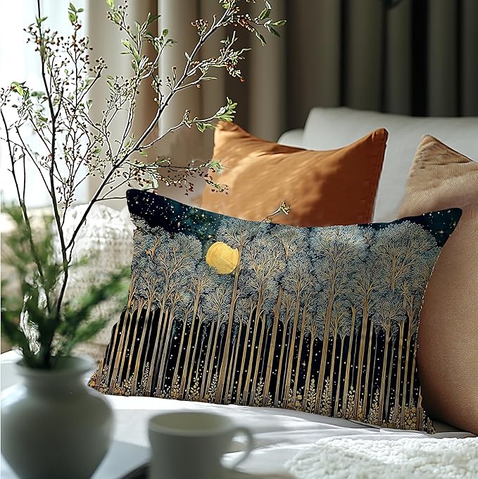 Rustic William Morris Inspired Forest Green Moon Pillow Covers 12x20 Double-Sided,Vintage Night Moon Botanical Nature Landscape Decorative Throw Pillow Covers for Home Bedroom Living Room