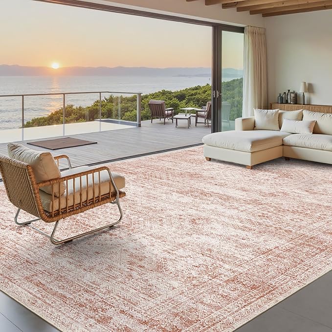 Soalmost 9x12 Area Rugs for Living Room, Non Slip Machine Washable Vintage Rugs, Low Pile Lightweight Large Rug for Bedroom, Dining Room, Home Office Pink