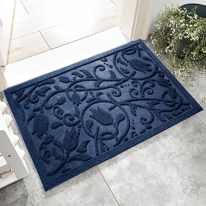 Boho Blue Floral Leaves Outdoor Indoor Entrance Doormats, Absorbent Durable Heavy Duty Welcome Front Door Mat,Thick Natural Rubber Back,Easy Clean Entryway Mat 17x30 Inch, Low Profile