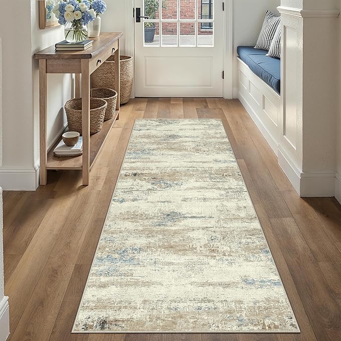 2x6 Runner Rug Washable Beige Brown Abstract Modern Neutral Hallway Carpet Non Slip Low Pile Indoor Kitchen Carpet Contemporary Aesthetic Long Rug Bathroom Bedroom Laundry