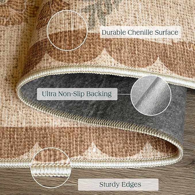 Front Door Mat Indoor Entrance - 2x4.3 Ft Tan Floral Washable Layered Doormat Outdoor Entrance Porch Rug Non-Slip Neutral Country Jute-Look Runner Rug for Kitchen Mud Laundry Room Porch Decor