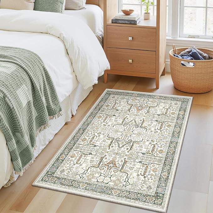 Washable 2x3 Entryway Area Rug - Small Non Slip Vintage Kitchen Runner Rugs Indoor Entrance Soft Neutral Stain Resistant Bathroom Mat Farmhouse Carpet for Bedroom Living Room Entry Laundry 2'x3' Green